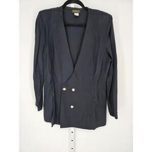 Reina Women's Black Long Sleeve V-neck Double Button Blazer Jacket Size 14